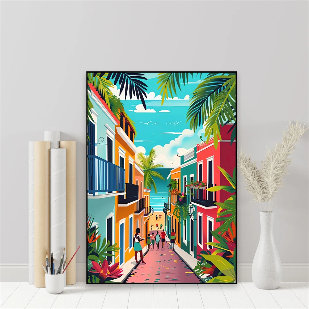 Póster de viaje Cartagena, ilustración colorida de Colombia, paisaje, Medellín, impresiones florales de viaje, impresiones en lienzo Vintage de Puerto Rico