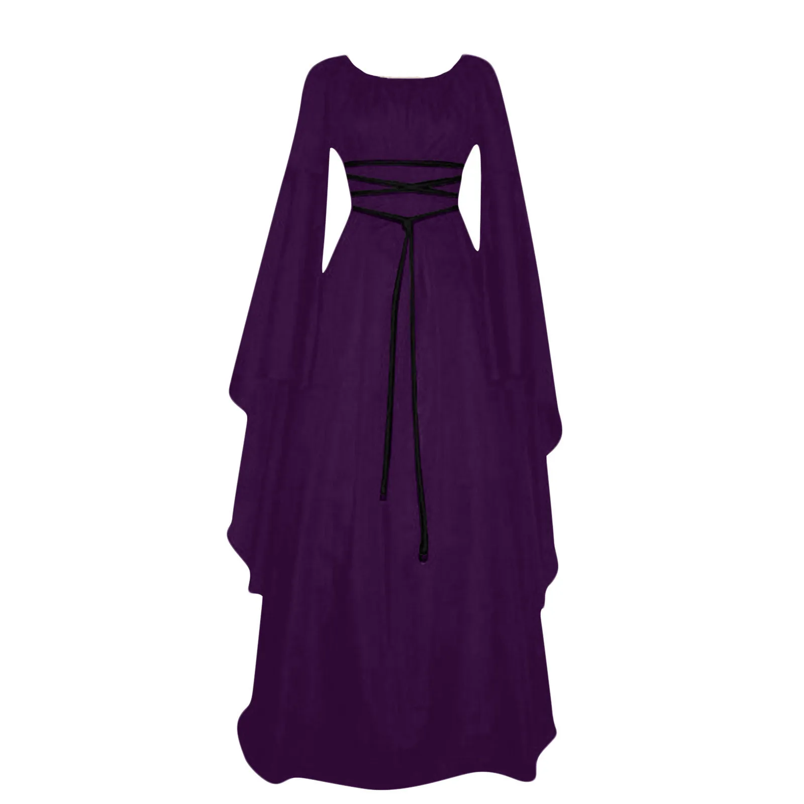 Women\'S Halloween Costume Long Sleeved Round Neck Lace-Up Waist Irregular Dresses Medieval Retro Elegant Evening Dress