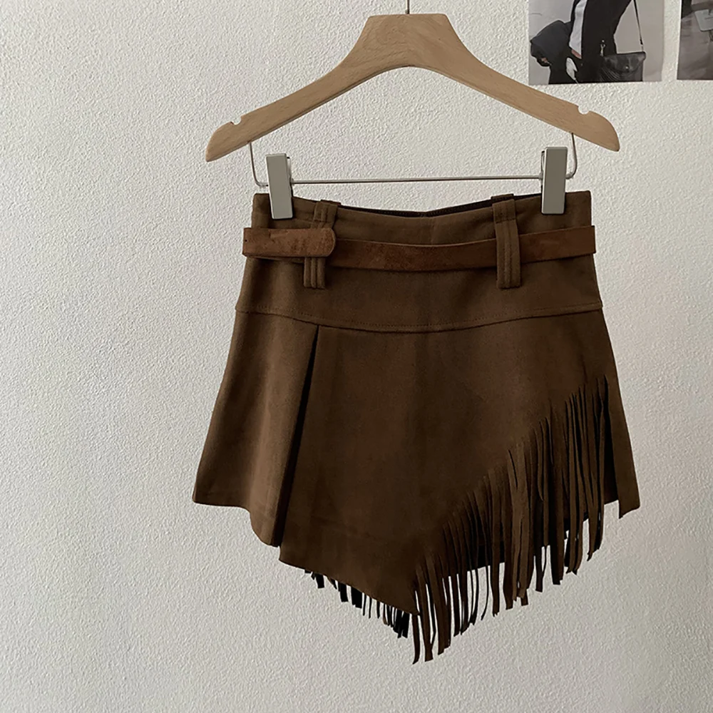 Vintage daim gland jupes femmes automne hiver irrégulière couleur unie jupe fendue décontracté fête tout-Match a-ligne Mini jupes