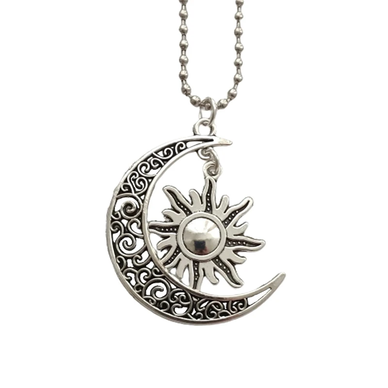 Crescent Moon Pendant Necklace, Sun and Moon Charm Stainless Steel Ball Chain Long Necklace for Man Woman, Bohemia Jewelry