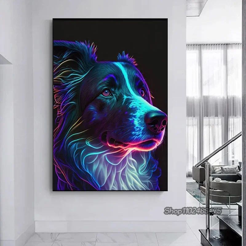 Neon Effect Dog and Cat Poster Border Collie Animal Canvas Printing Morden Wall Art Decor Picture Aesthetic Home Decor No LED