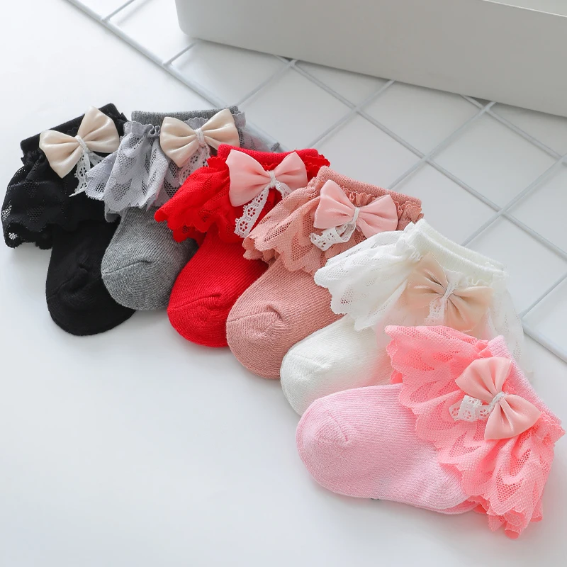 Girl\'s Socks Spring Student Dance Cotton Sock Fall Lace Baby Princess Socks Bright Red Infant Full Moon Short Tube Newborn Socks