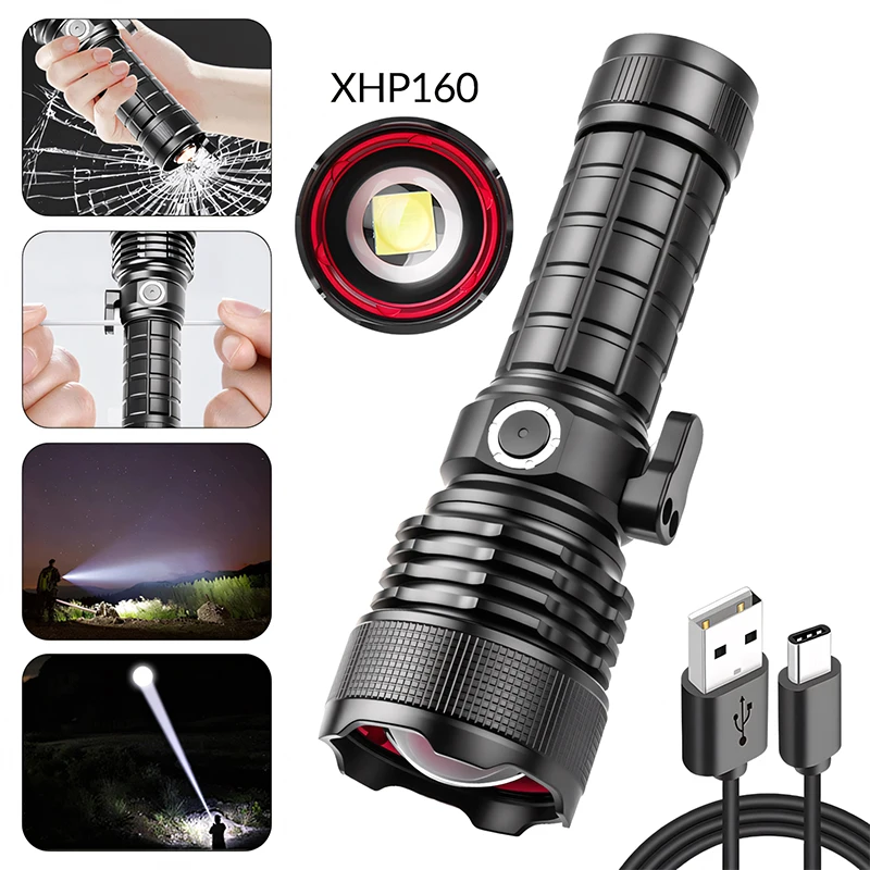 

Новый ультраяркий концентрирующий фонарь XHP160 с зарядкой TYPE-C, мощным светом и функцией разбивания стекол, многофункциональный фонарь.