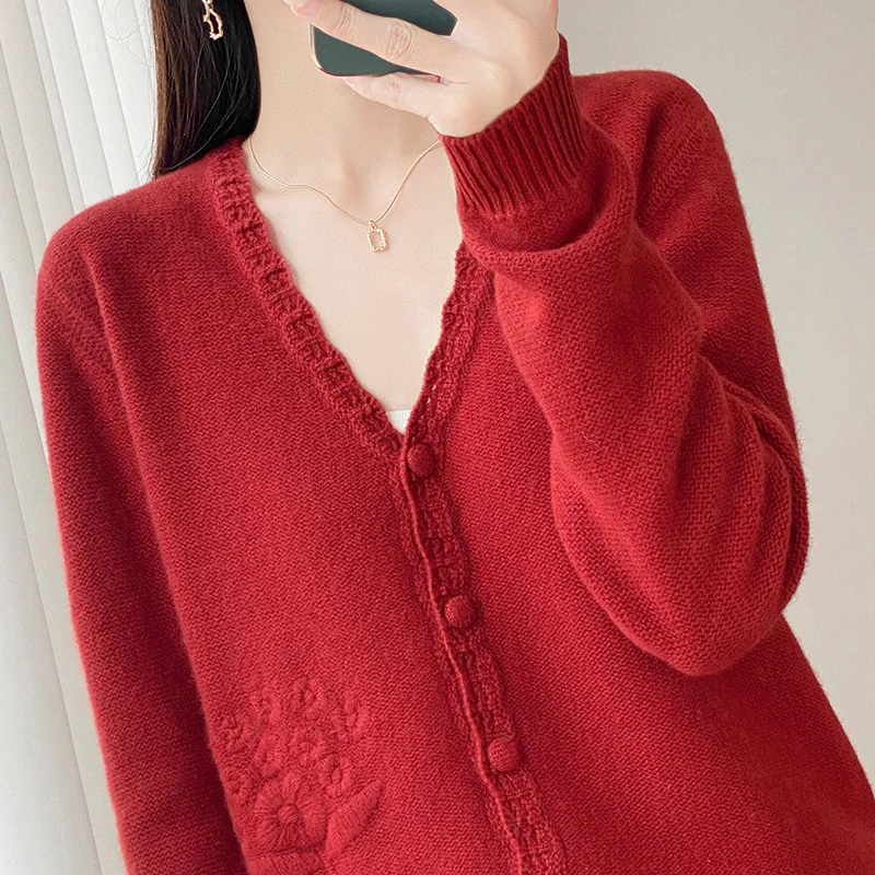 100% pure wool sweater, women's knitted V-neck cardigan, comfortable and simple short jacket, women's full sleeved new style