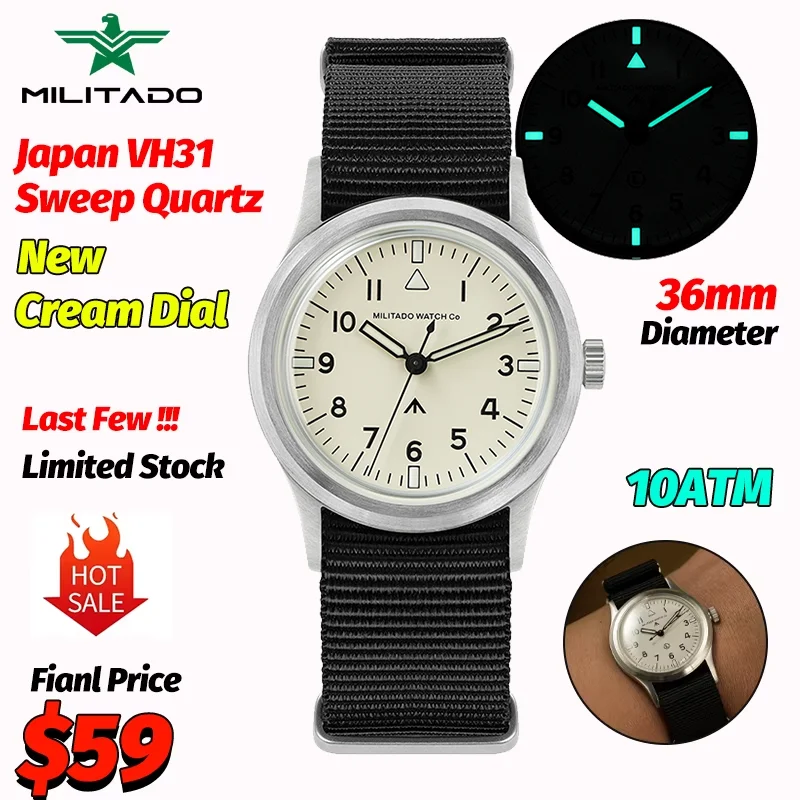 Militado ML14 Quartz Watches Cream Dial Limited Stock VH31 Sweep Seconds K1/Sapphire Waterproof 100M 36Mm Vintage Wrist Watch