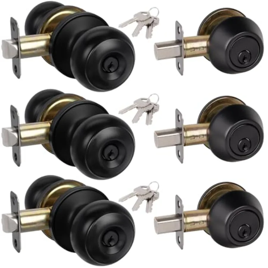

3 Pack Entry Door Knob and Single Cylinder Deadbolt Set, Door Knob with Lock and Key, Keyed Alike Exterior Door Lock Set for En