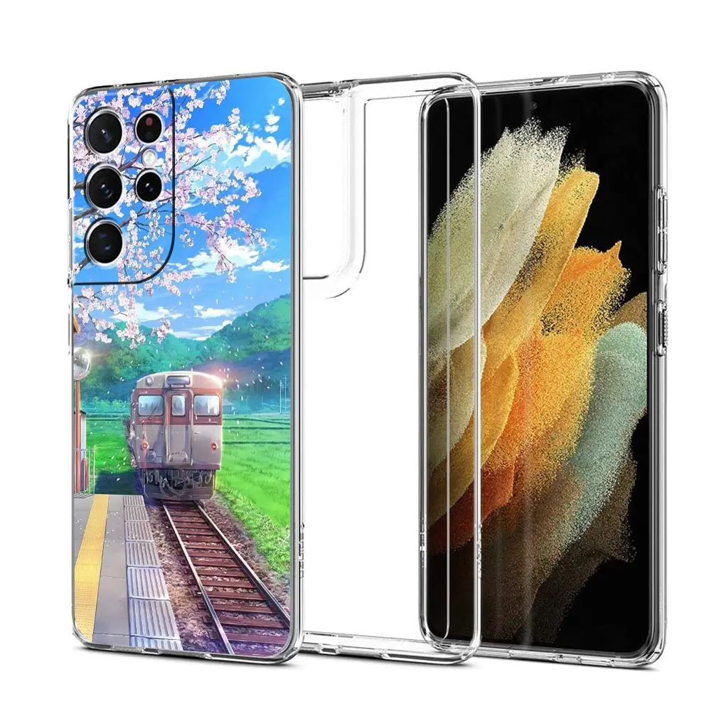 Cherry Japanese Traint Moun Fuji Phone Case For Samsung Galaxy S23 Ultra S22 5G S20 S21 FE 5G S10E S9 S8 S10 Plus Clear Cover