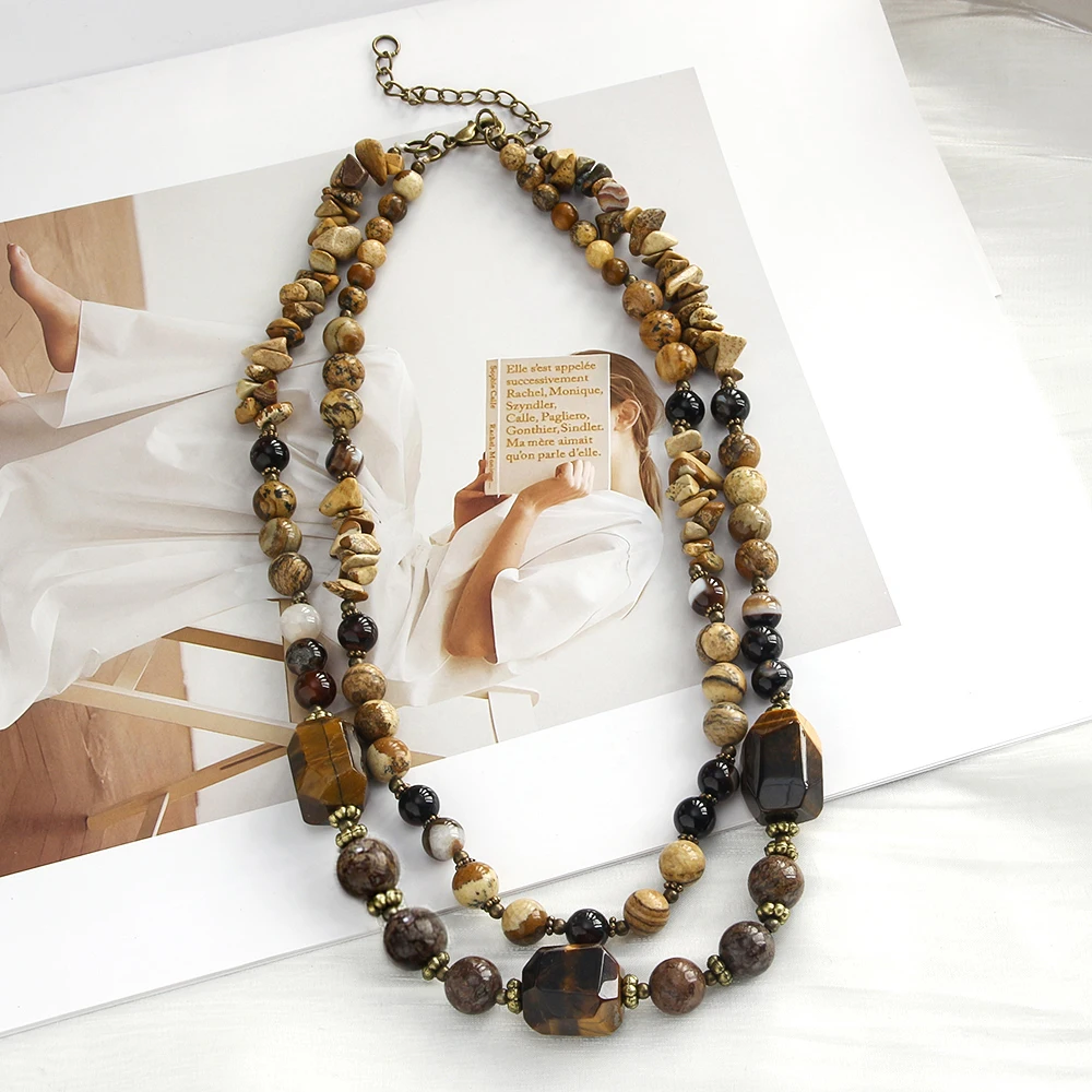 New Fashion Bohemian Ethnic Style Labradorite Natural Stone Handmade Beads 2 Layer Necklace Short Necklace