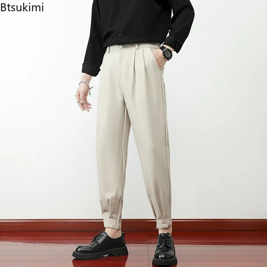 

New Fashion Men Solid Casual Pants Elastic Waist Small Feet Slim Trousers Korean Style Pleated Tapered Men Suit Pants Streetwear