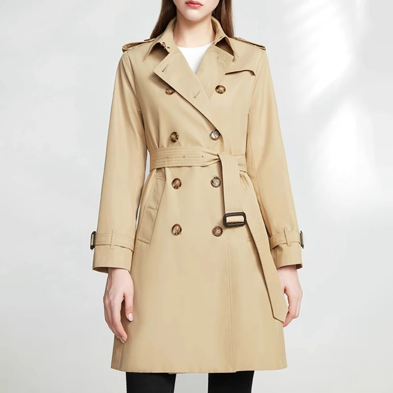 Coupe-vent mi-long à double boutonnage pour femme, manteau imperméable personnalisé, beige