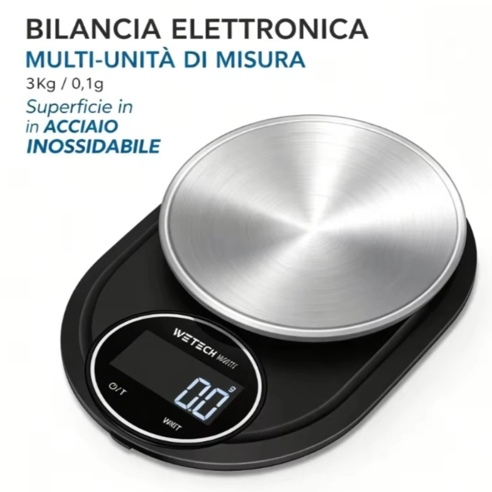 Bilancia digitale in acciaio inossidabile per alimenti, con cambio di unità di misura, elevata precisione, ideale per pesare ingredienti in cucina e durante la preparazione di dolci.