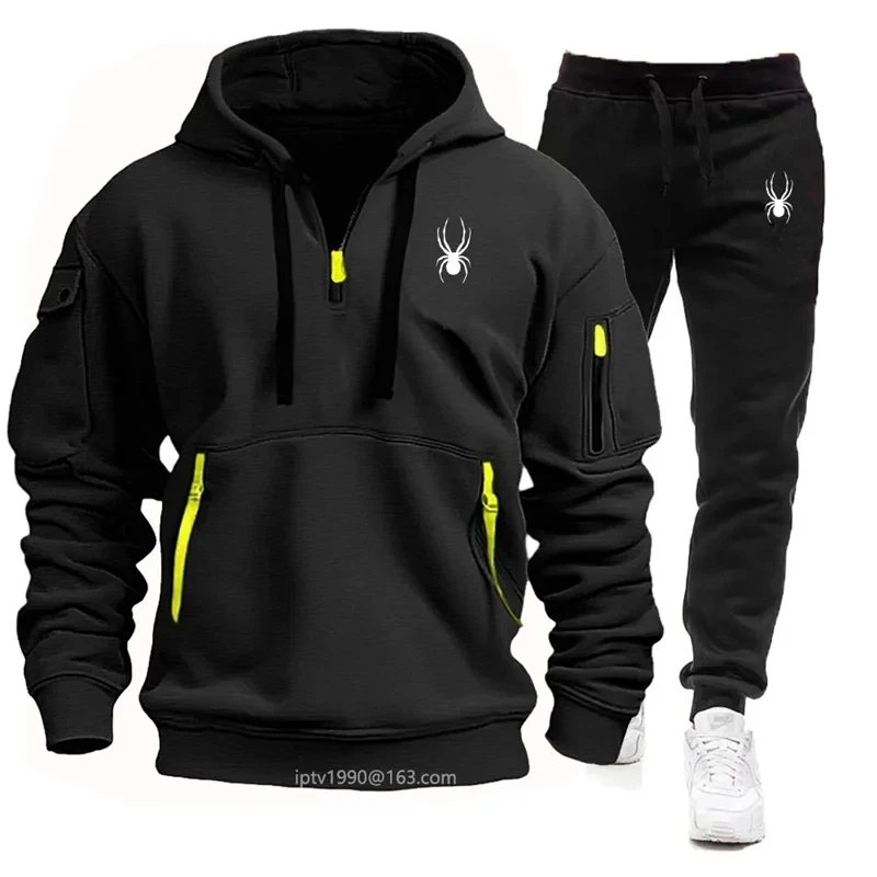 2024 New Spring and Autumn Men\'s multi-pocket Zipper hoodie + Sweatpants 2-pce set jogging leisure fitness sports clothing suit