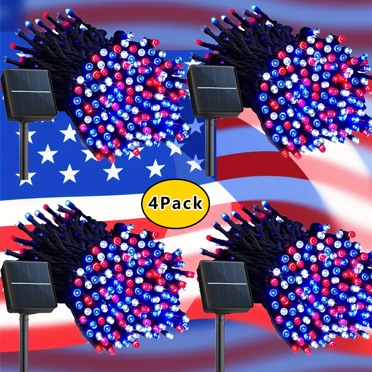 

4 Pack 160ft 400LED Solar Powered Red White & Blue String Lights - Outdoor Holiday Decor for 4th of July, Christmas, Patriotic Y