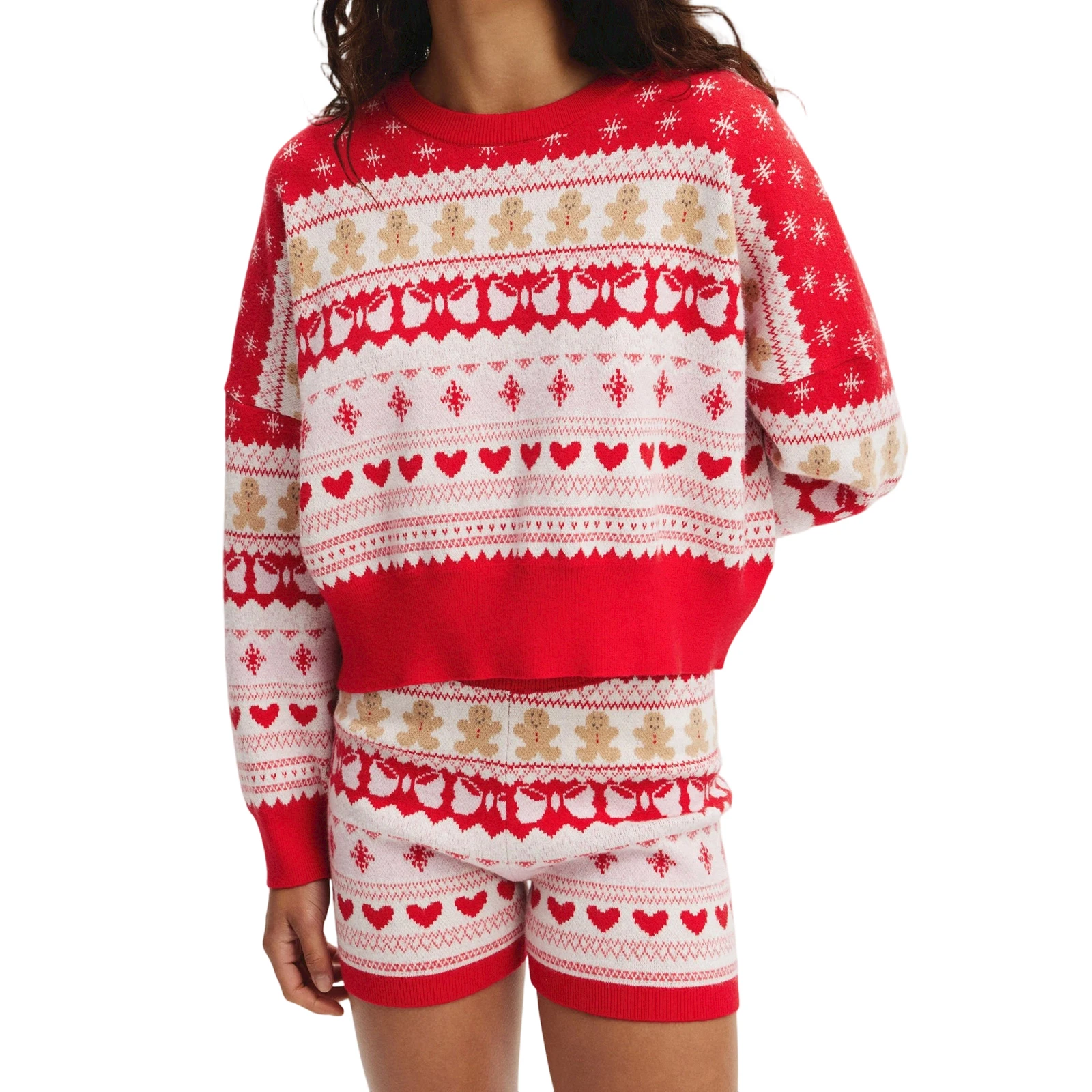 Traje de Navidad para mujer, suéter tejido de manga larga con cuello redondo y pantalones cortos de cintura elástica, disfraz de fiesta