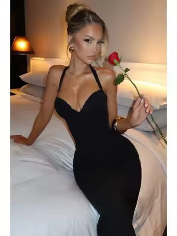 Women's Elegant Evening Dress Black Halter Tie Back Ruched Bust Bodycon Midi Party Gown 2026