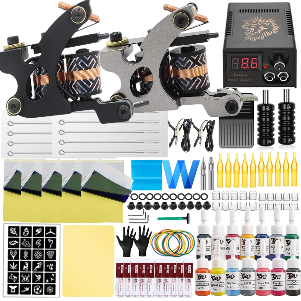 

Полный комплект катушек для тату-машины, лайнер, шейдерная машина, блок питания, чернила с иглами, набор аксессуаров для татуировки, комплект для начинающих