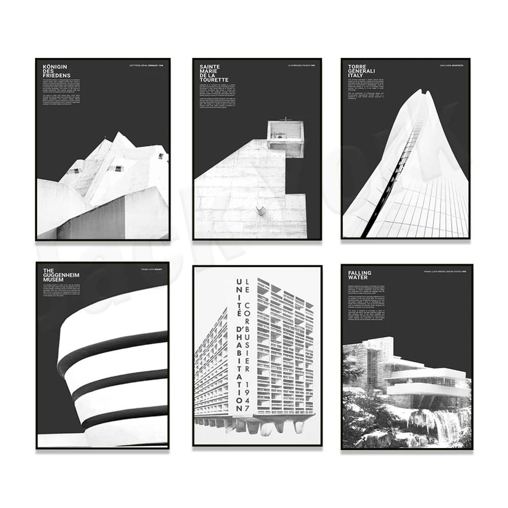 ملصق العمارة الفرنسي السويسري ، ملصق متحف Guggenkirin ، فيلا سافوي ، مكتبة جيسيل ، لودفيغ ميس فان دير روهي