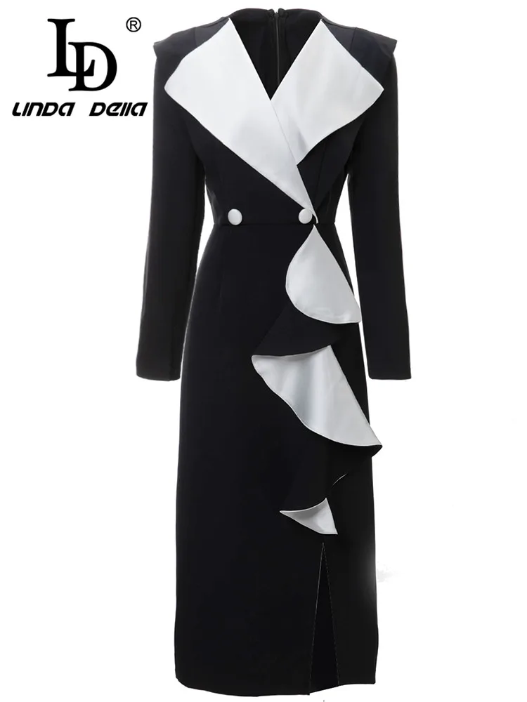 

LD LINDA DELLA Autumn dress women elegant luxury Women's Black and white stitching V-Neck Button Irregularity Slit Travel Dress