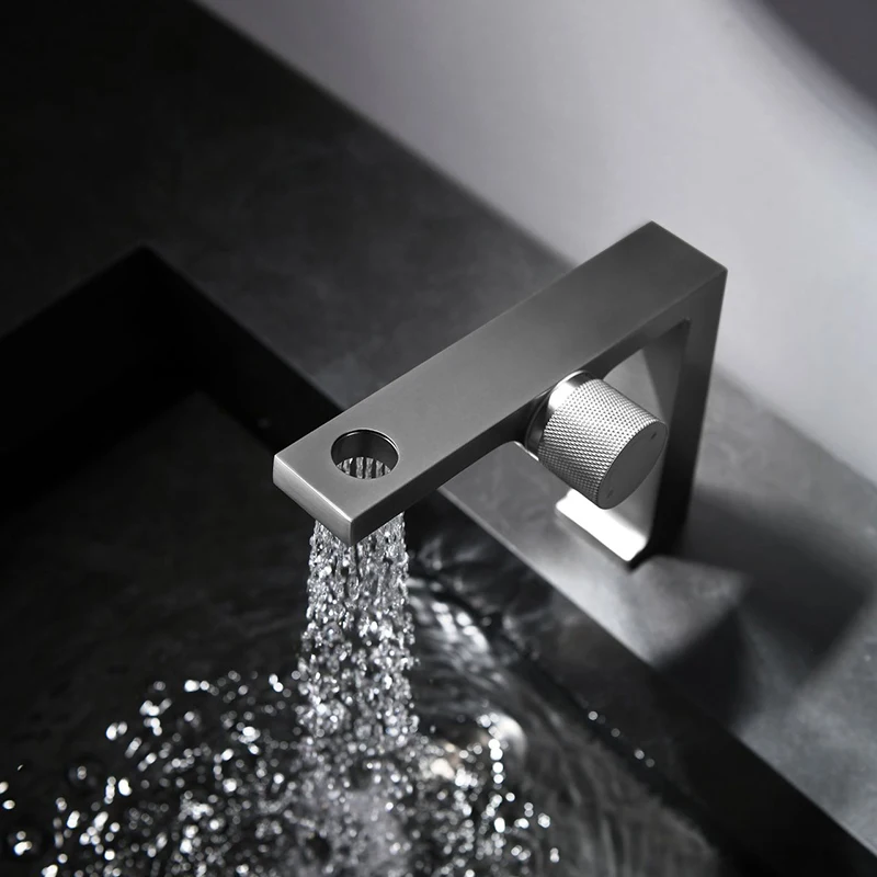 

Gunmetal Gray Brass Bathroom Faucet Deck Mounted Hot and Cold Washbasin Vessel Mixer Tap For Bathroom Sink Faucet