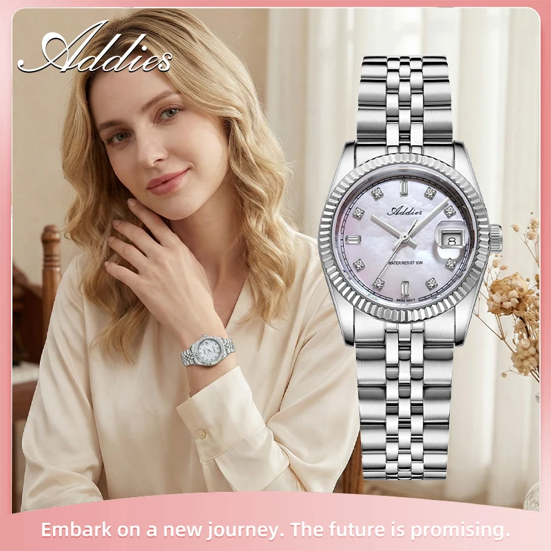 Addies Elegant Women Quartz Watches Luxury Sapphire Czech Rhinestone Unique Mother-Of-Pearl Dial Waterproof Leisure Steel Watch