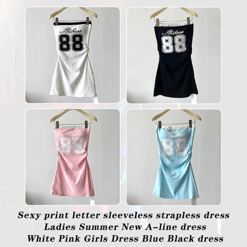 Y2K Sexy Printed Letter Sleeveless Strapless Dress Women Summer 2024 New A Line Dress White Pink Girls Dress Blue Black Dresses