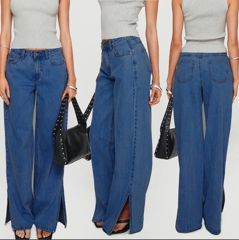 

Широкие брюки, джинсы, женские винтажные брюки с разрезом, заниженная талия, джинсы с карманами 2025, потертая женская уличная одежда, длина до пола