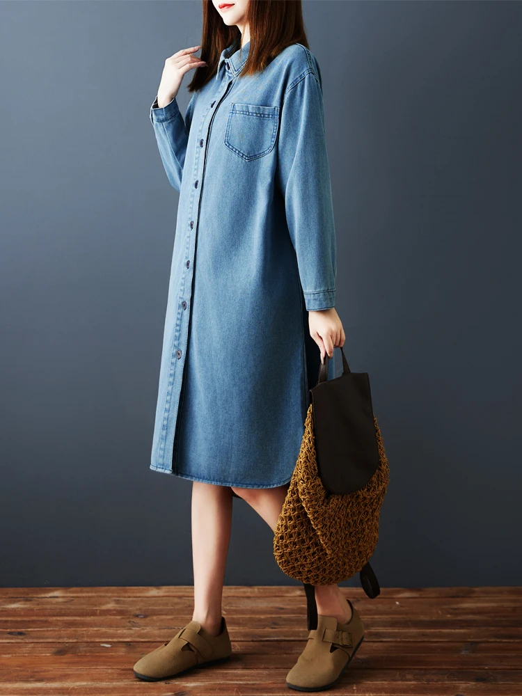 Winter Herbst Koreanische Mode frauen Denim Kleid Einfarbig Langarm Einfache Grund Lose Beiläufige Weibliche Vintage Kleid Roben