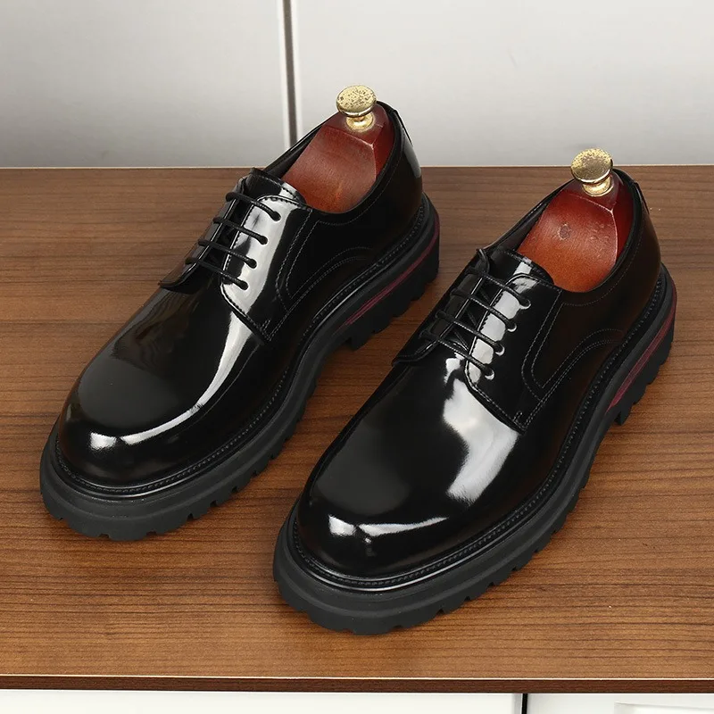 

Men Genuine Leather Oxford Shoes British Style Business Formal Lace Up Thick Sole Shiny Leather