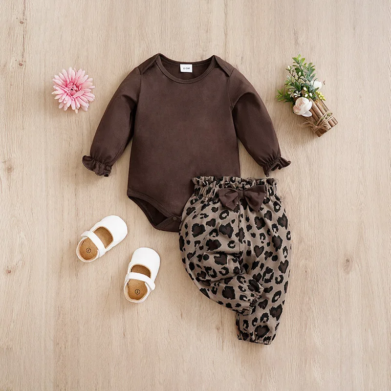 

Set Baby Triangle Jumpsuit Leopard Print Pants 2PCS 100% Cotton Style Long Sleeve Fashion Trendy Newborn Baby Boy Girl Bowknot