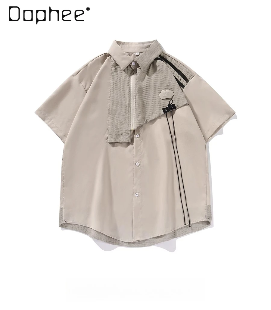 2025 Summer New Patchwork Fake Two-Piece Khaki Short Sleeve Shirt American Design Dark Blue Casual Slim Fit Daily Top