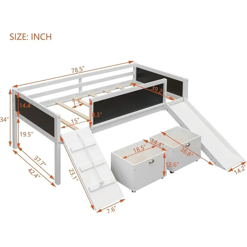 White Twin Bed with Slide, Wooden Kids' Bed, 2 Toy Boxes, Chalkboard, and Climbing Feature