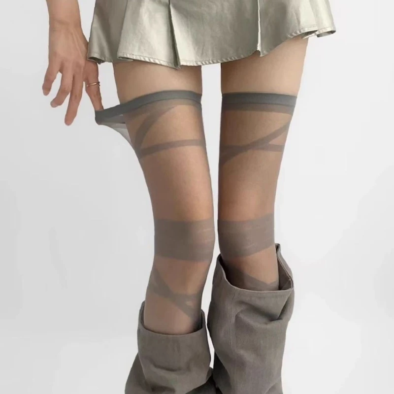 Gray Stockings Women's Summer Thin Straps Sexy Knee Socks Cross Gray Silk Thigh Socks Beautiful Legs Thin Legs