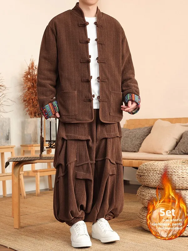 

Мужской хлопковый пуховик-комплект, двусторонний, с узором в виде колосьев пшеницы, премиум-качество, с добавлением шерсти и полиэстера, длинные брюки