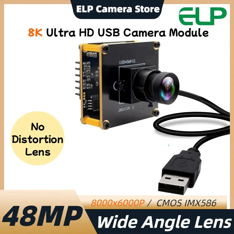 

ELP Ultra HD 48MP USB Camera Module Wide Angle No Distortion mini Webcam With 90° IMX586 UVC 8K Industrial USB Camera for PC