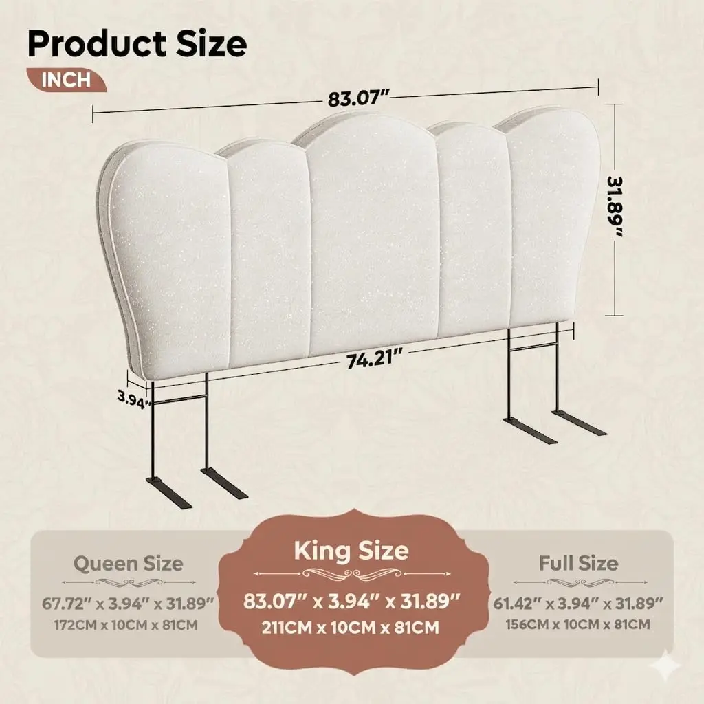 Scalloped Upholstered Headboard Beige High-Density Foam Tool-Free Freestanding No Drilling Renter-Friendly Bedroom, Customized