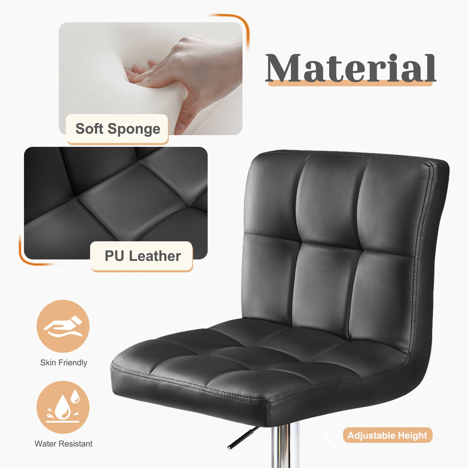 Zestaw 2 krzeseł barowych z PU skóry, tapicerowane krzesła barowe o wysokości lady, certyfikat SGS, gazowy cylinder, wygodne oparcie