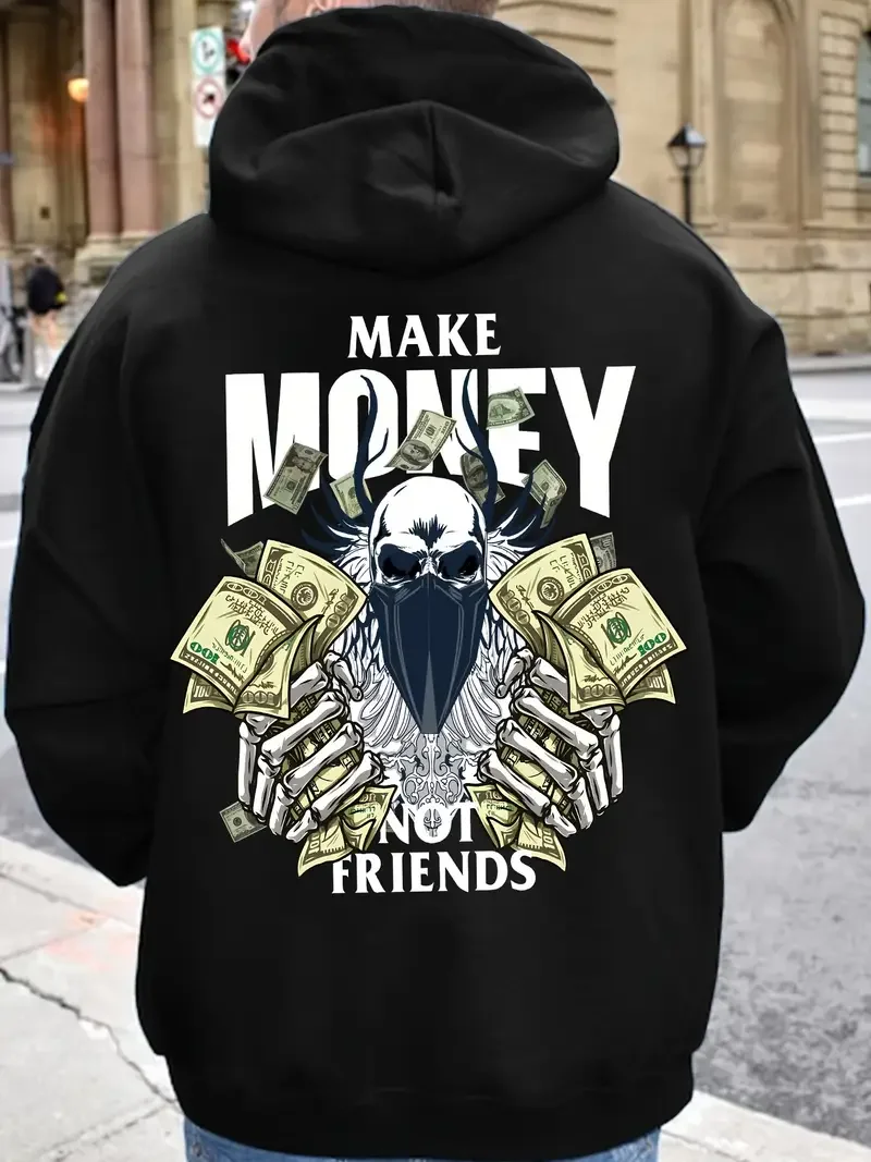 

Commuting Fashion Men's Autumn and Winter Must-have Hooded Sweatshirt Make MONEY NOT FRIENDS Printed Hooded Sweatshirt Versatile