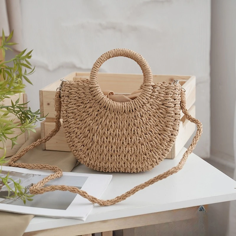 

Semi-Circle Straw Handbag Ins-Style Braided Boho Tote with Inner Pocket Fashionable Market Basket for Daily Use/Beach Trip
