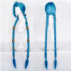 LOL Jinx parrucca Cosplay lunga intrecciata blu la parrucca a cannone sciolto con parrucche sintetiche resistenti al calore a treccia blu + cappuccio per parrucca