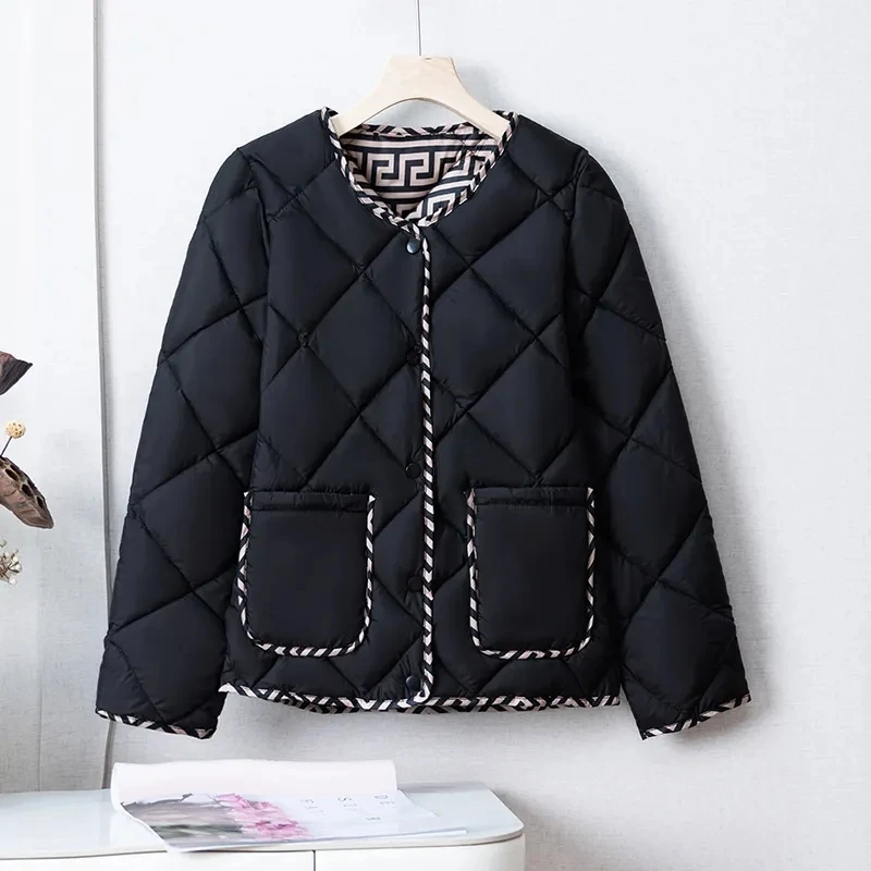 Women\'s Coat Winter Loose Solid Coewlor Short Warm Cotton-Padded Jacket Simple Fashion Cotton-Padded Jacket Diamond Lattice Coat