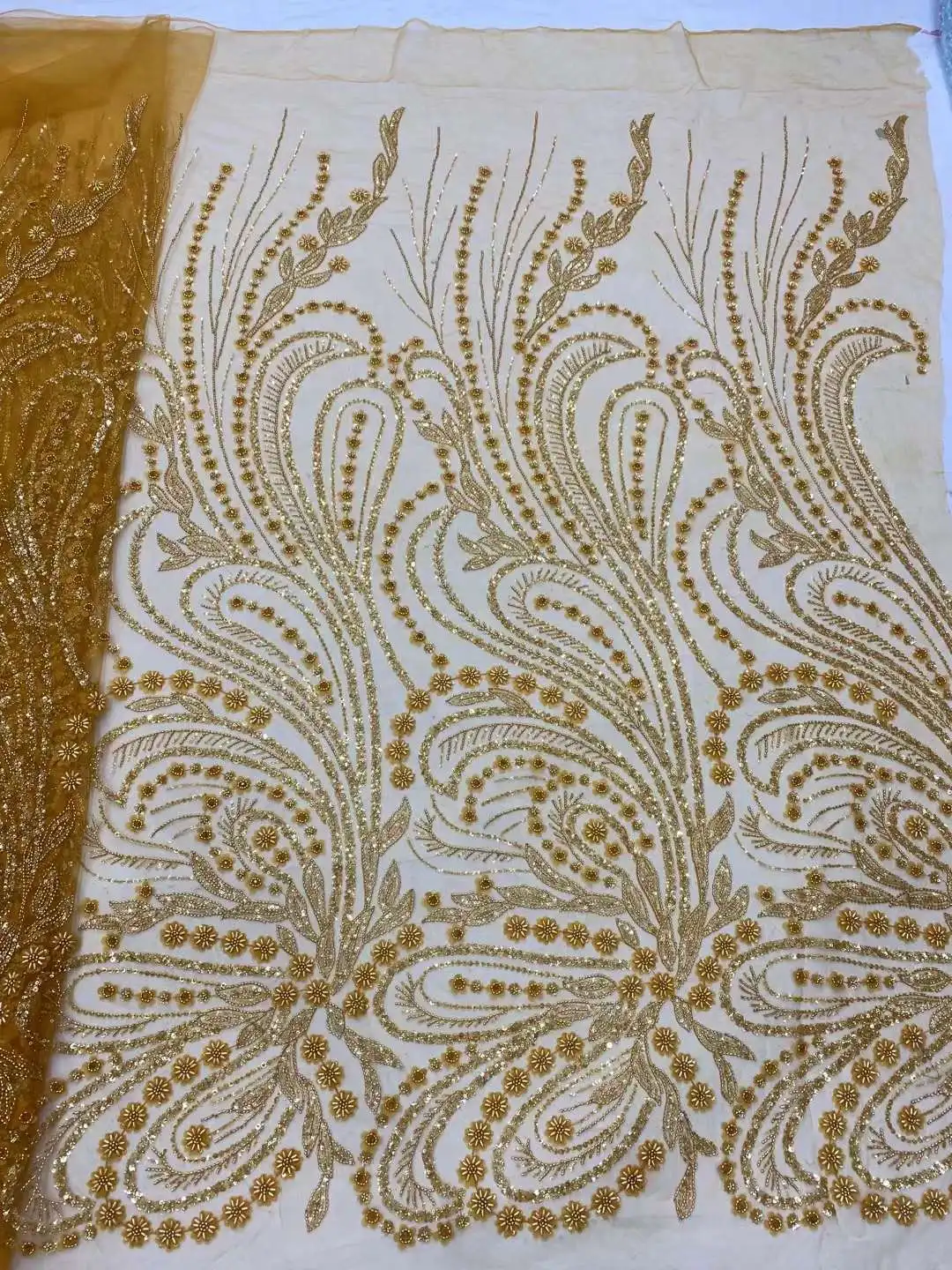 African Heavy Beaded Lace Fabric 2024 High Quality 5 Yards Nigerian Sequins Groom Fabric Material For Wedding Party Dress