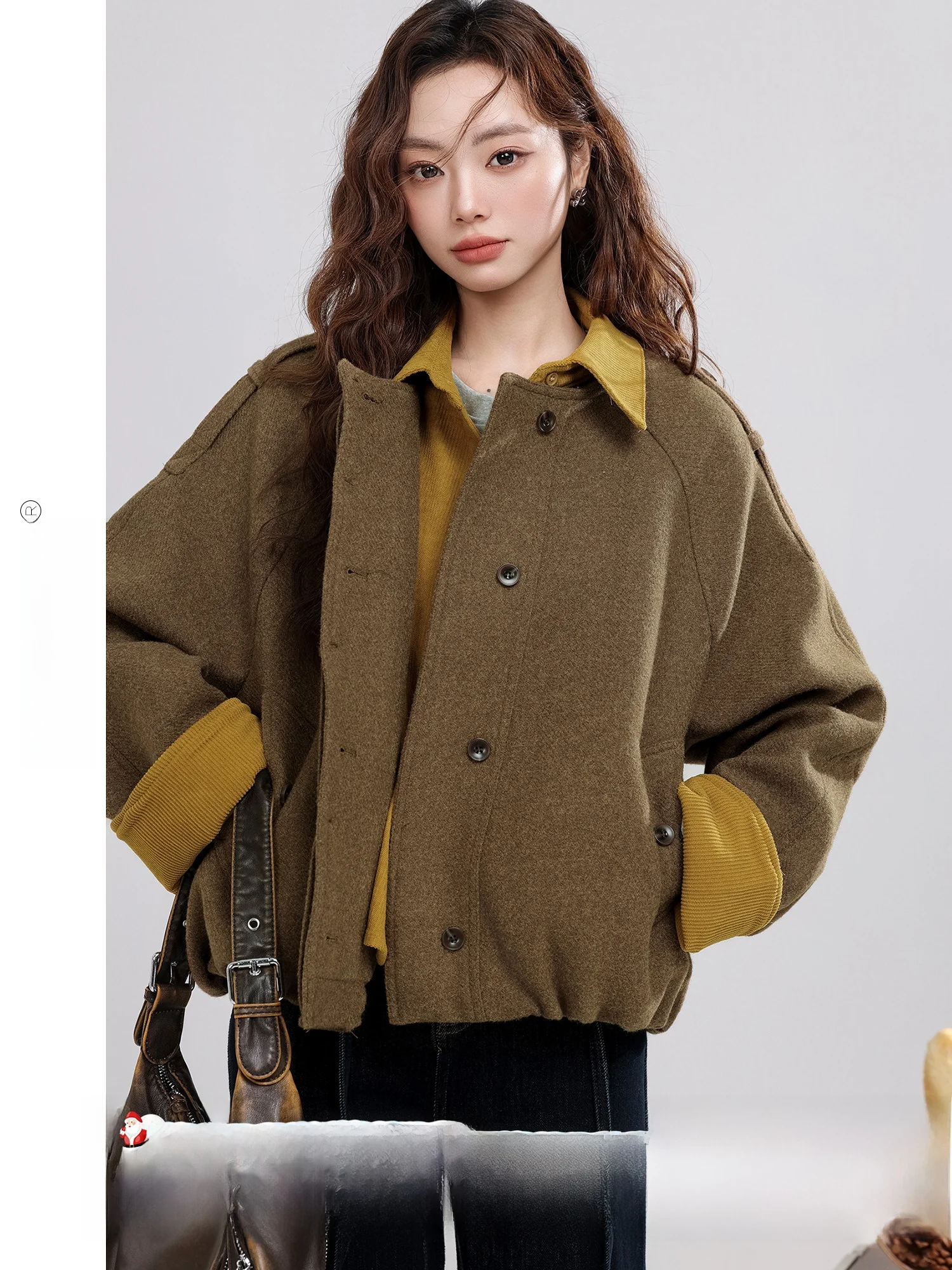 

Trendy ort Woolen Jaet Collared Outerwear for Women Retro Sle Commute Friendly Loose Fit Long Sve Single Button