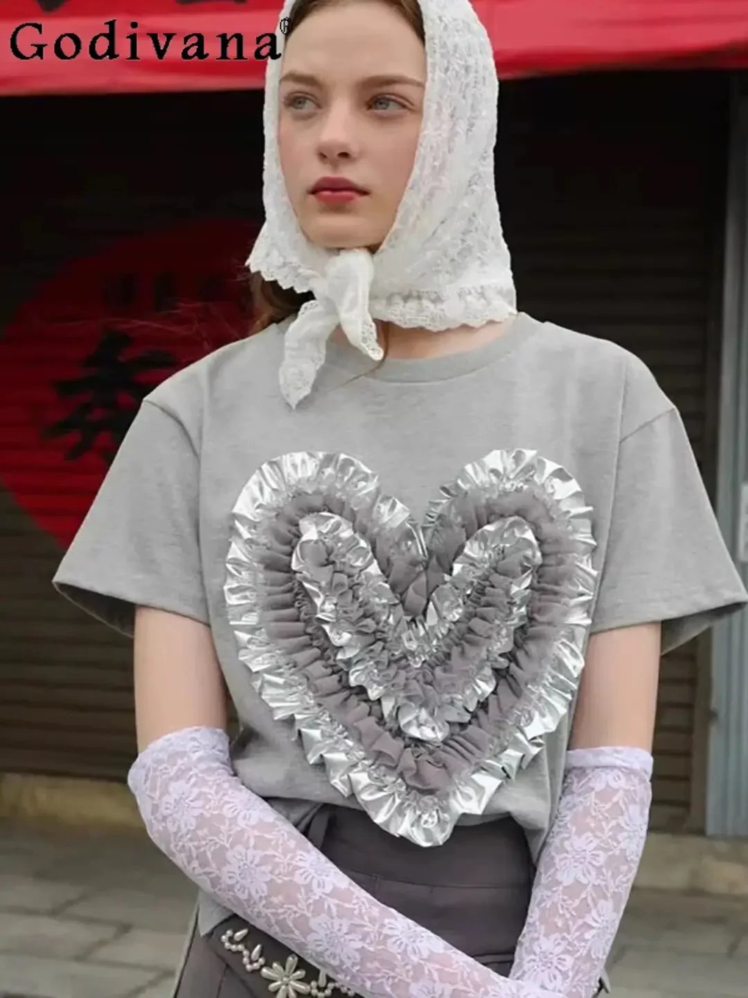 IMU Japanese Fashion T-shirt for Women Spring and Summer New Casual Clothes French Three-dimensional Love Lace Splicing Loose To