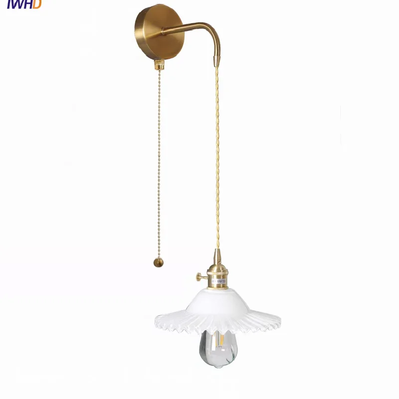 IWHD White Glass LED Wall Lamp Pull Chain Switch Living Room Reading Kitchen Nordic Modern Wire Adjustable Bathroom mirror Light