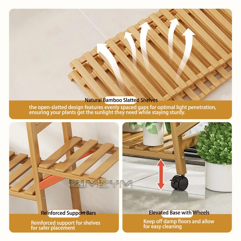 Multi Tier Rolling Bamboo Plant Stand Thickened Flower Pot Shelf Indoor Outdoor Plant Display Stand forLiving Room Balcony Patio view 3