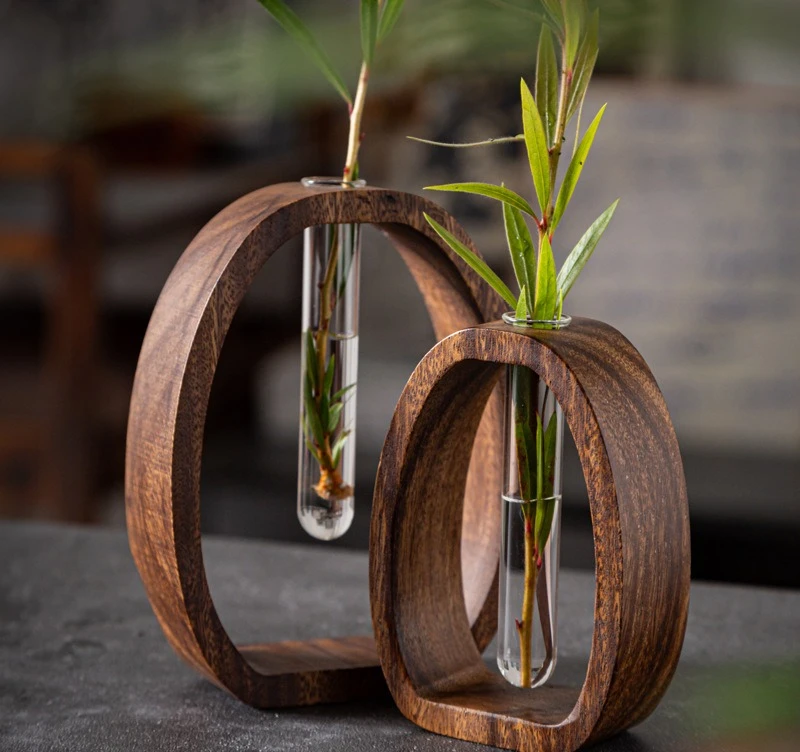 Walnut wood flower vessel hydroponic plant flower holder Japanese solid wood glass tabletop creative