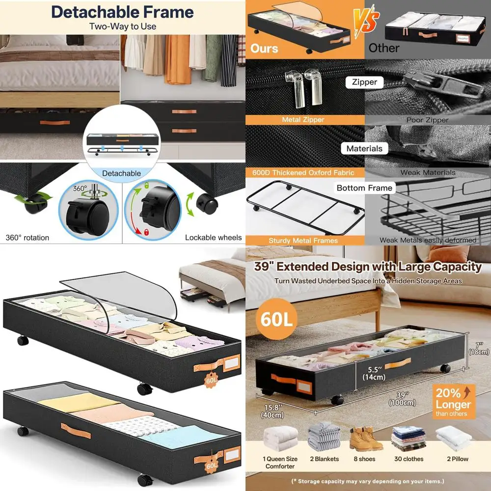 

Extra-Long 39 Under Bed Storage Boxes with Wheels, 5.5 High Profile, No Assembly Needed, Lidded Shoe Storage