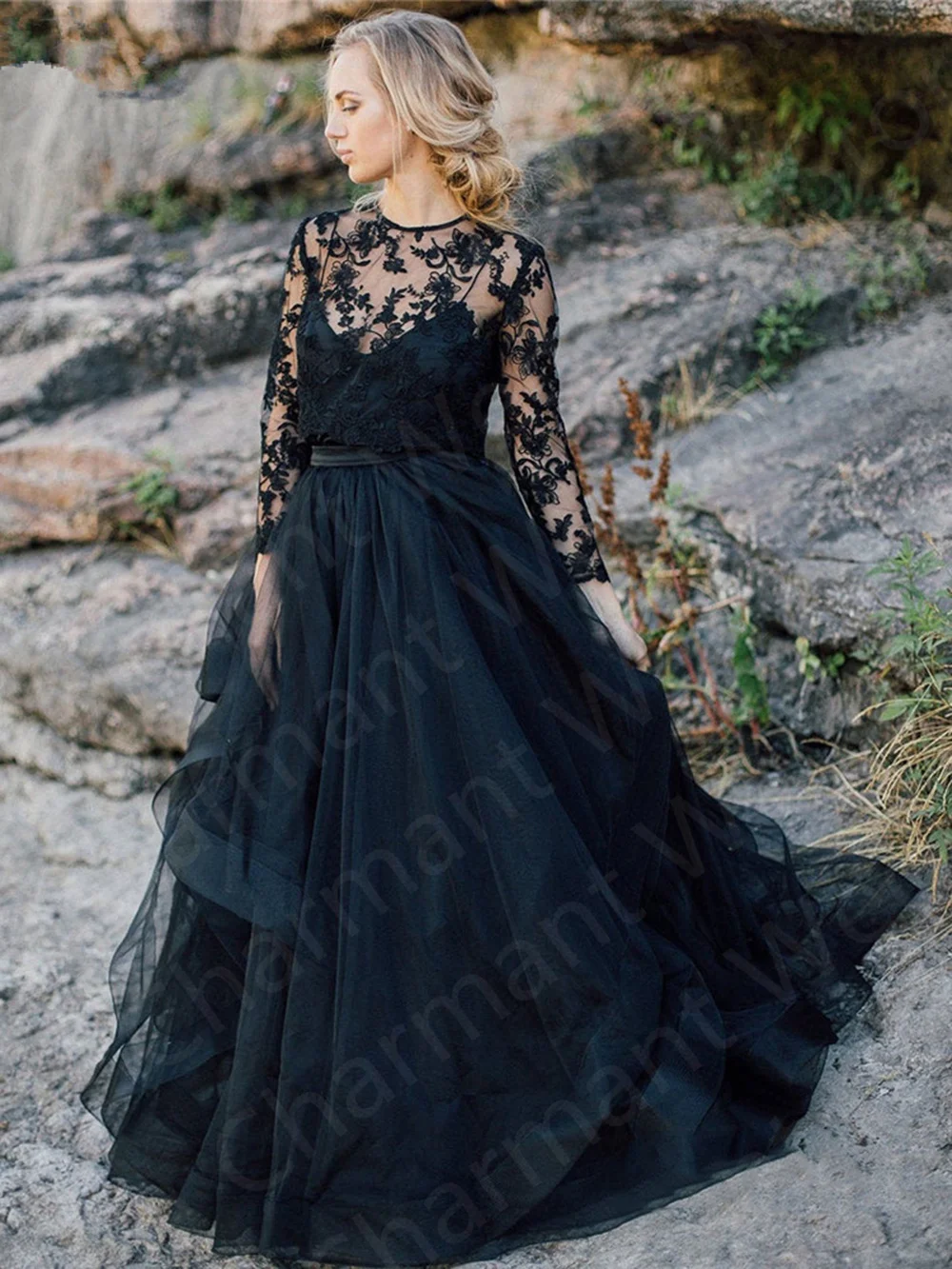 Vestido de renda de duas peças com saia em camadas, mangas compridas vestido de baile preto, bolero, festa de casamento, nova chegada