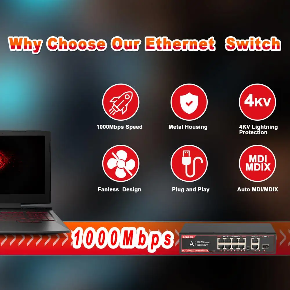 Gigabit Switch POE 11 Ports Ethernet POE Switch Network Splitter 120W Fast Smart Switch for Wifi Router Wireless APP IP Camera