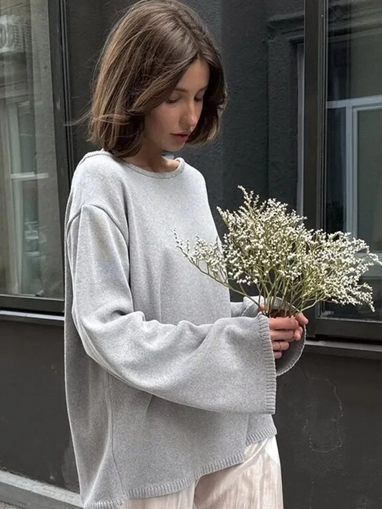 

Casual Solid Knitted Backless Cardigan Women Elegant Full Sleeve Pleated Round Neck Loose Top Fall Female Commute Street Outfits